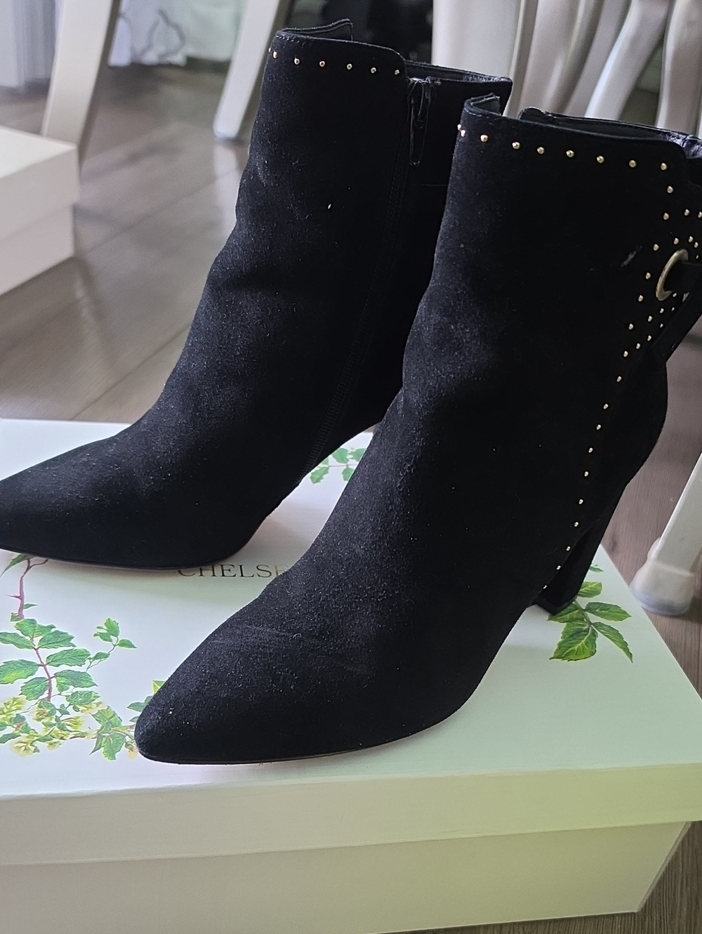 Chelsea & Violet Black Suede Pointed Ankle Booties with Gold Studs